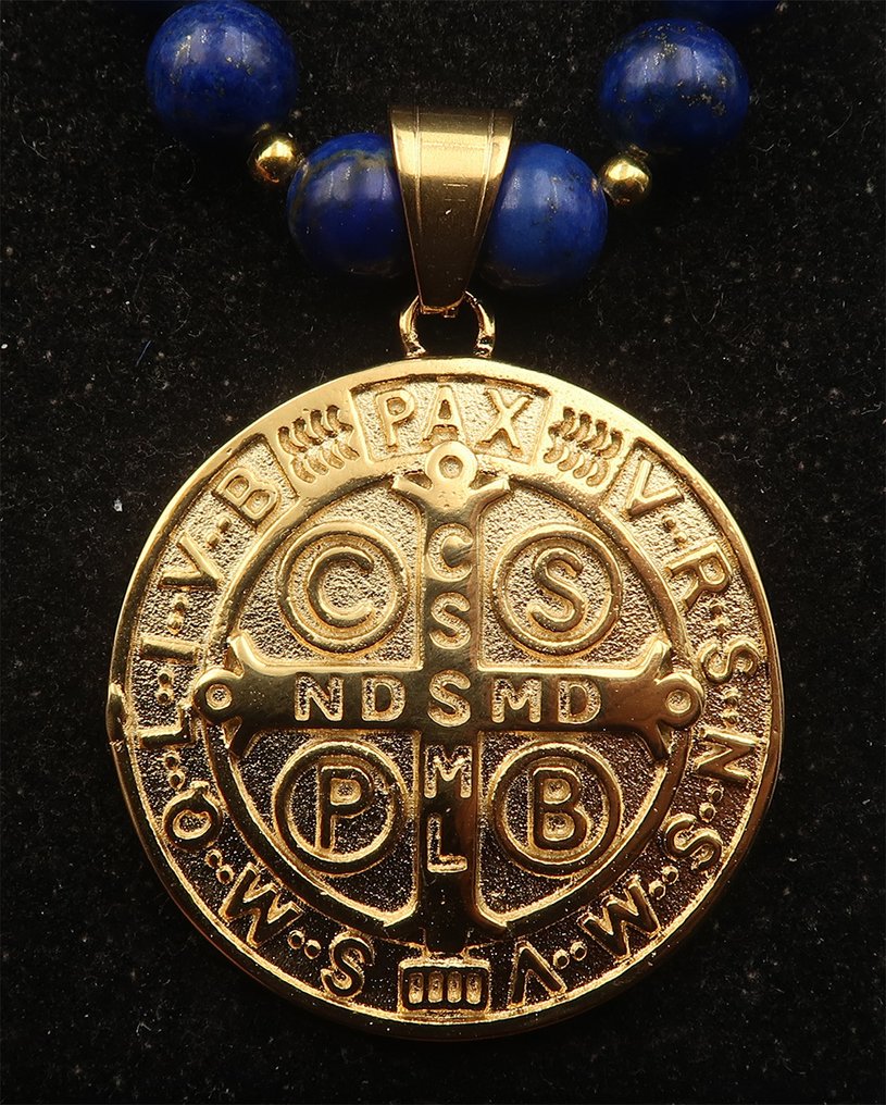 青金石 - 驱魔项链 - 圣本笃十字架 - 神圣力量 - 驱逐邪恶 - 14K GF黄金扣 - 吊坠项链 #3.2