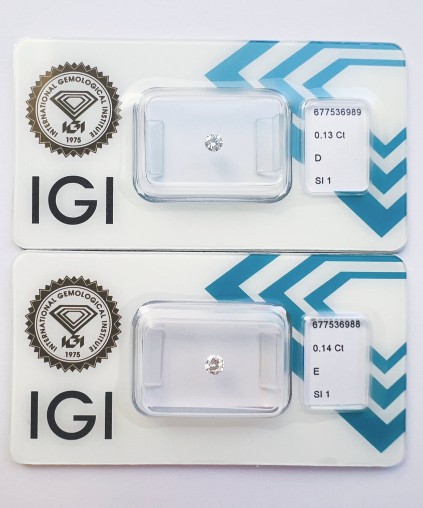 没有保留价 - 2 pcs 钻石  (天然)  - 0.27 ct - 圆形 - E, D (无色) - SI1 微内含一级 - 国际宝石研究院（IGI） - 一对 #1.0
