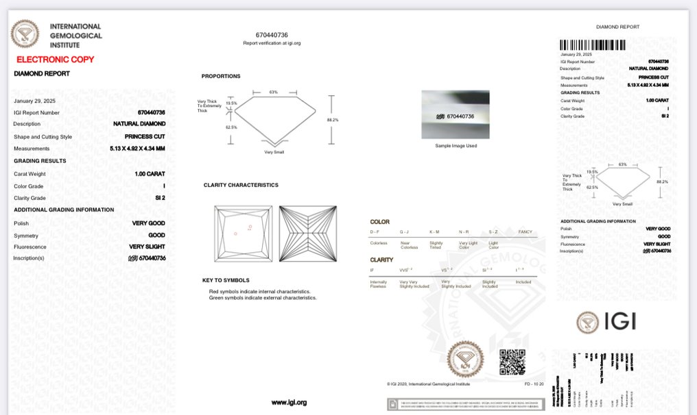 1 pcs Διαμάντι  (Φυσικό)  - 1.00 ct - Τετράγωνο - I - SI2 - International Gemological Institute (IGI) #2.1