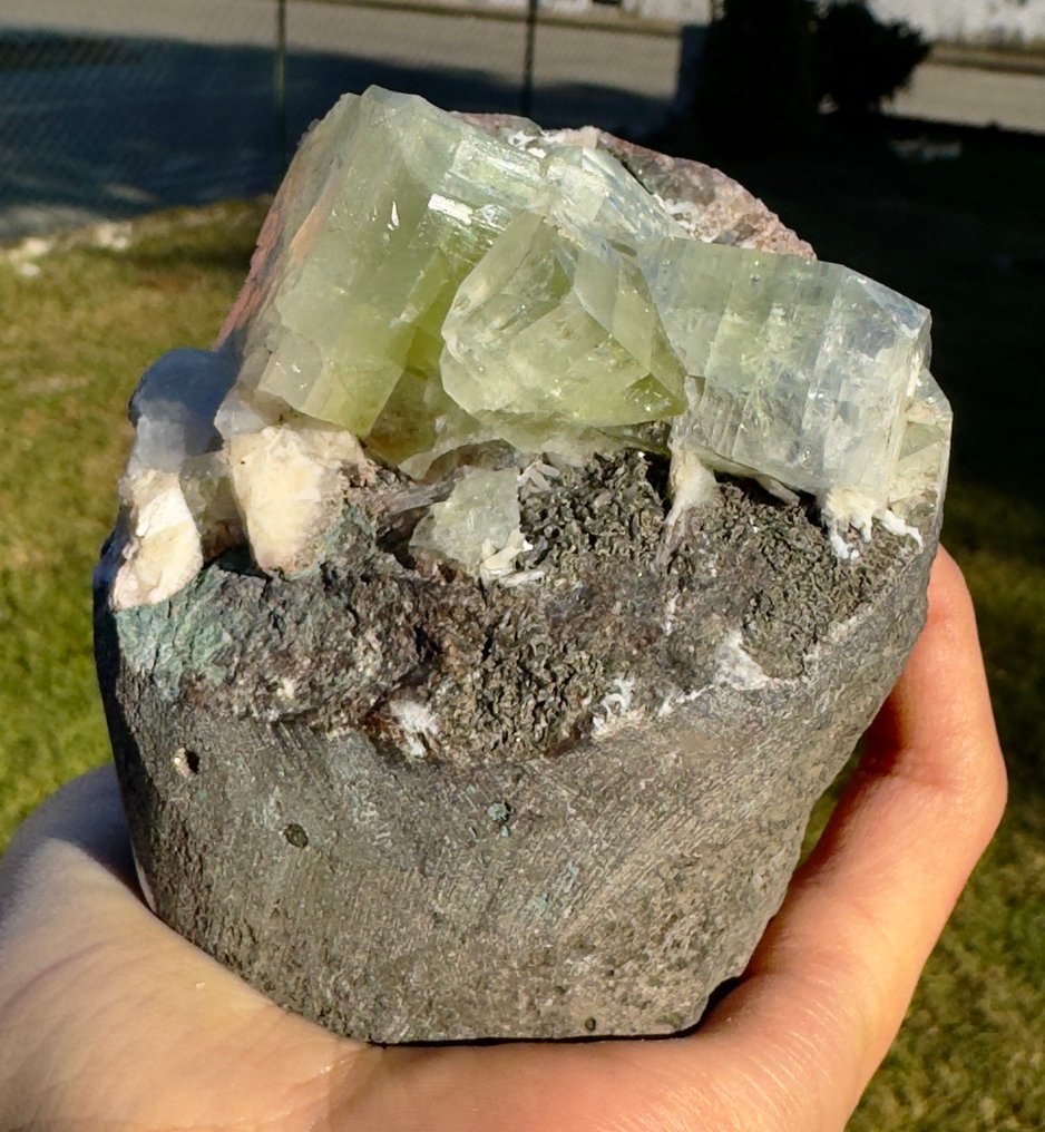 獨特的綠色立方魚眼石與方沸石在基質上生長 水晶在矩陣上 - 高度: 10 cm - 闊度: 9 cm- 764 g - (1) #2.1