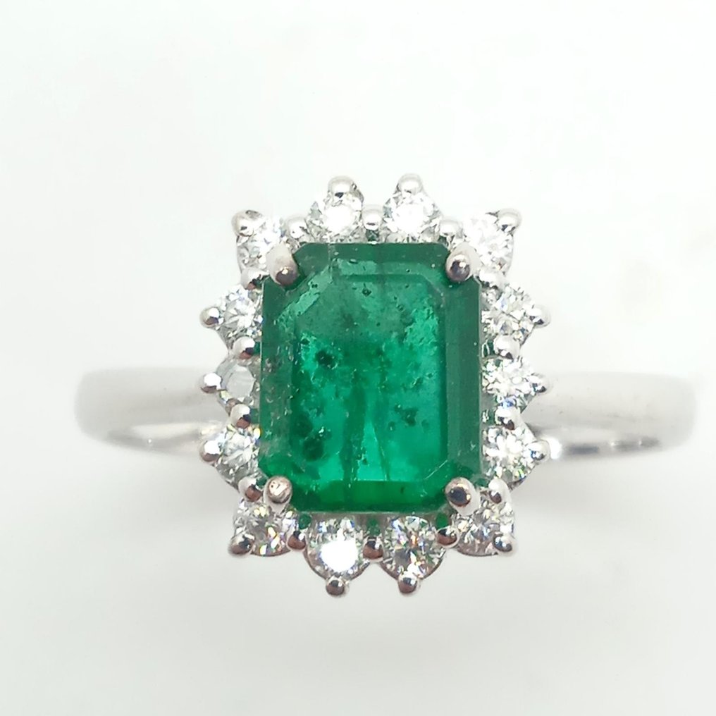 No reserve price - Ring - 18 kt. White gold Emerald - Diamond #1.0