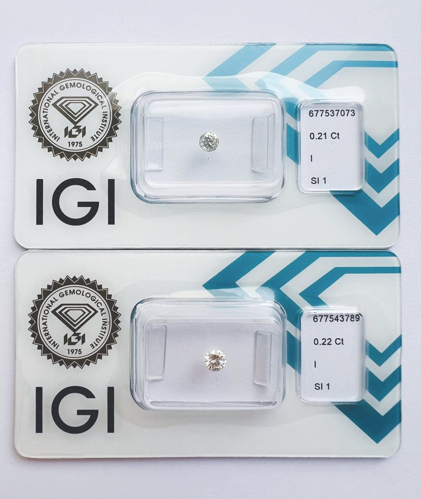 没有保留价 - 2 pcs 钻石 (天然) - 0.43 ct - 圆形 - I - SI1 微内含一级 - 国际宝石研究院(IGI) - 匹配的对 #1.0