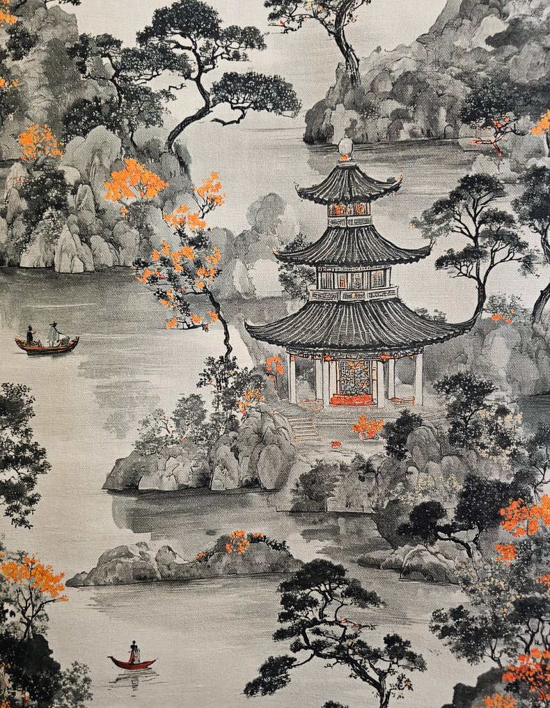 Eksklusivt orientalsk stoff med pagode 'Japan Paradise' - 300x280cm - Kunstnerisk design. - Tekstil - 300 cm - 280 cm #1.0