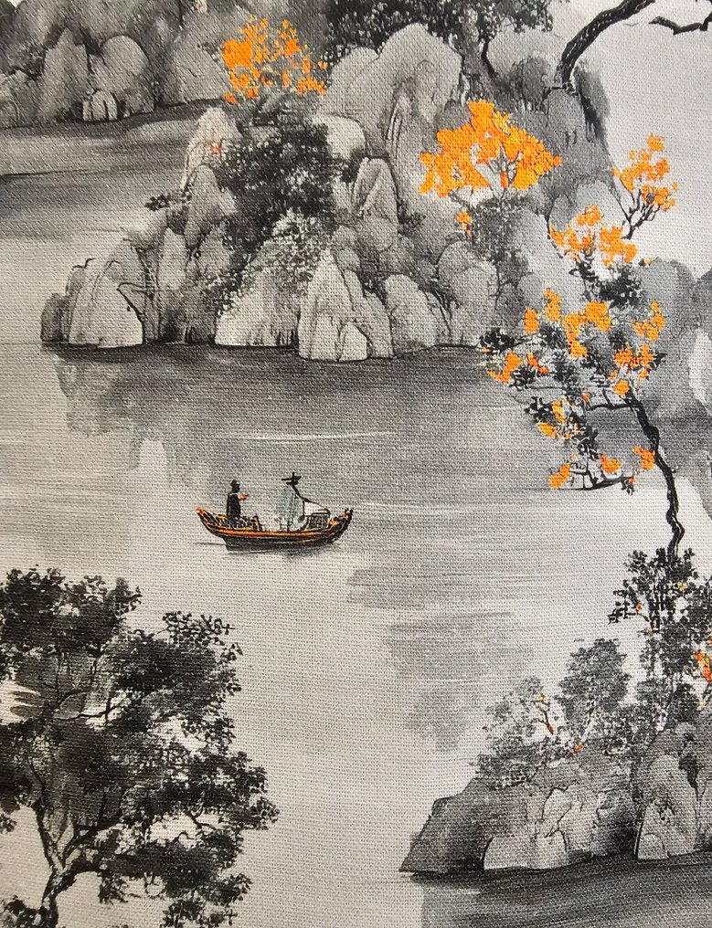 Eksklusivt orientalsk stoff med pagode 'Japan Paradise' - 300x280cm - Kunstnerisk design. - Tekstil - 300 cm - 280 cm #3.2