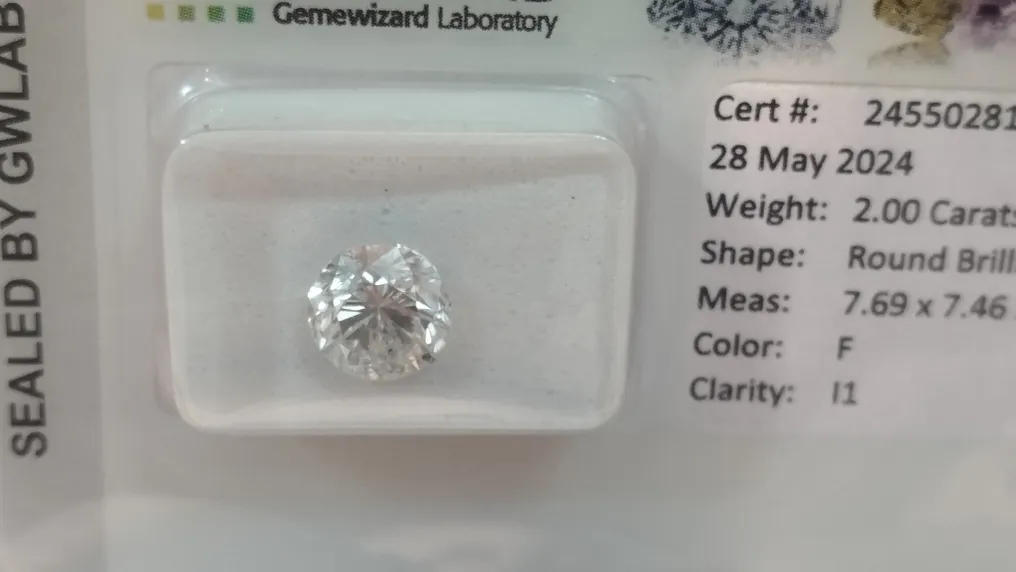 1 pcs 鑽石  (天然)  - 2.00 ct - 圓形 - F(近乎無色) - I1 - Gemewizard Gemological Laboratory (GWLab) #3.1