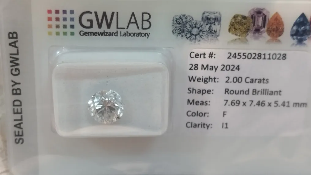 1 pcs 鑽石  (天然)  - 2.00 ct - 圓形 - F(近乎無色) - I1 - Gemewizard Gemological Laboratory (GWLab) #1.1