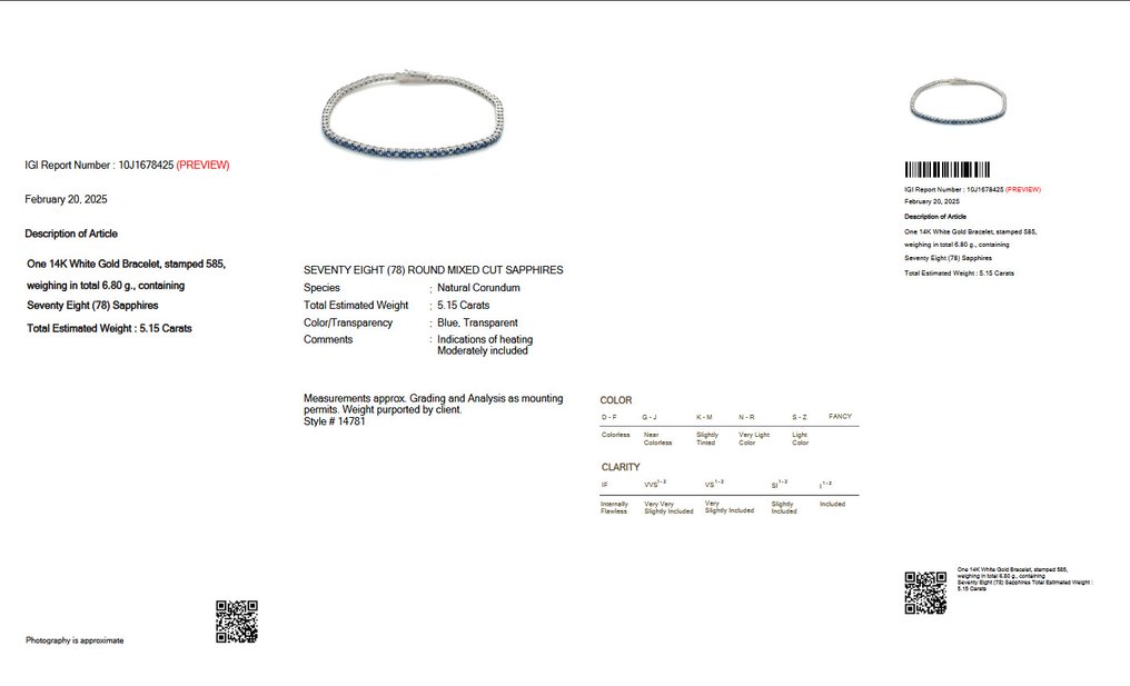 χωρίς τιμή ασφαλείας - Βραχιόλι - 14 καράτια Λευκός χρυσός -  5.15ct. tw. Ζαφείρι - ΙΓΙ #1.0