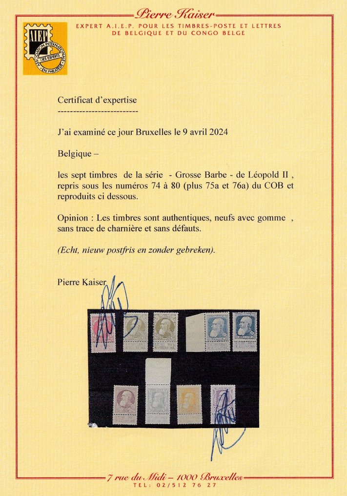 Belgium 1905 - Leopold II Grove beard series, with Kaiser certification. - OBP/COB 74/80 #1.0