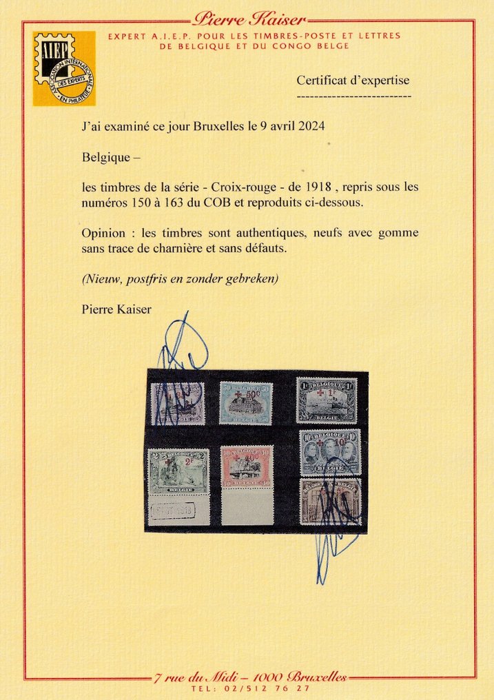 Belgium 1918 - The four highest values from the series Red Cross, with a CERTIFICATE Kaiser. - OBP/COB 160/63 #2.1