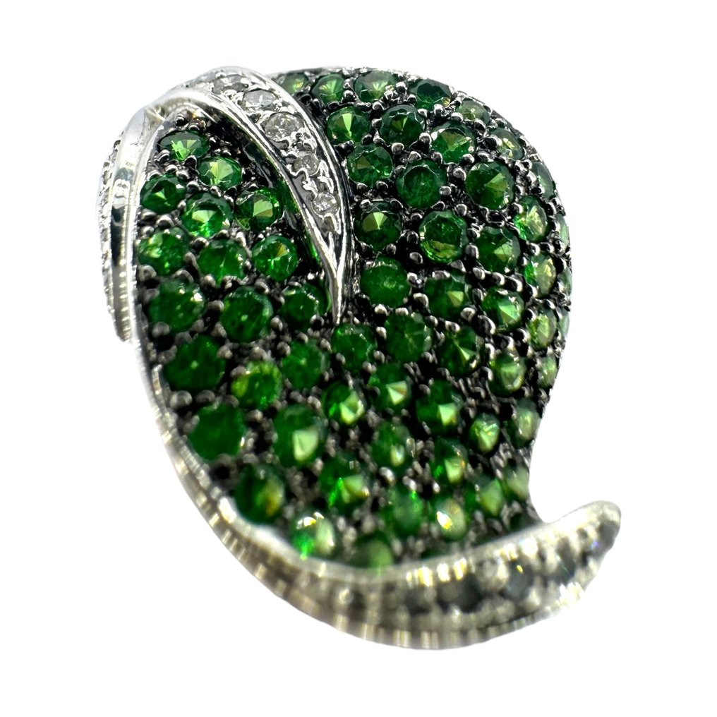 戒指 - 14 克拉 白金, 美丽的14K白金戒指，镶有钻石和翡翠 沙弗來石 #3.2