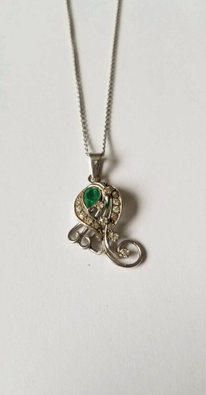 吊墜頸鏈 - 18 克拉 白金 -  1.03ct. tw. 祖母綠 - 鉆石 #1.0