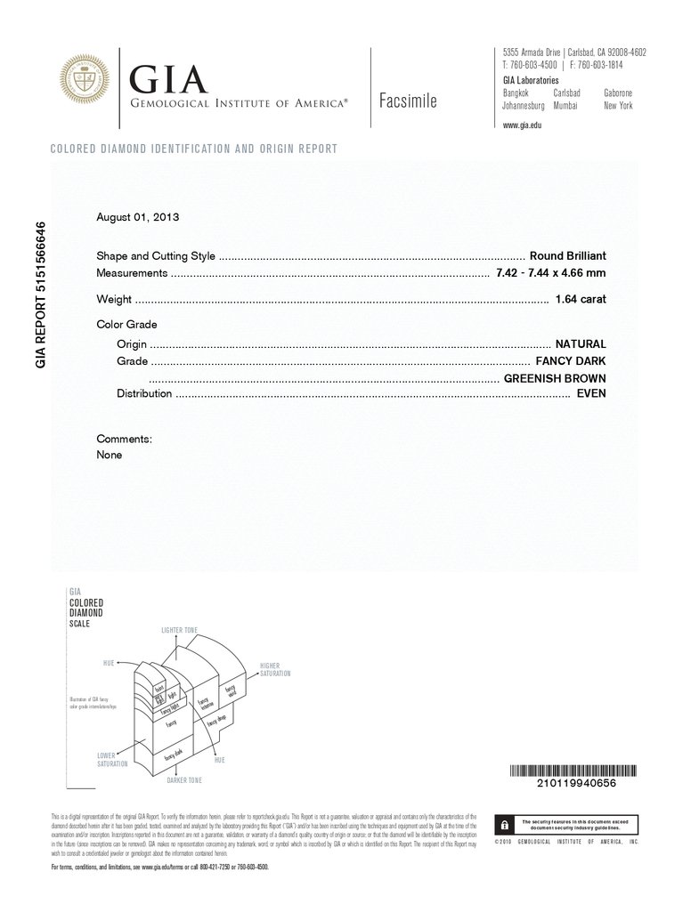 1 pcs Diamant  (Natürlich farbig)  - 1.64 ct - Rund - Fancy dark Grünlich Braun - Im Laborbericht nicht angegeben - Gemological Institute of America (GIA) #4.3
