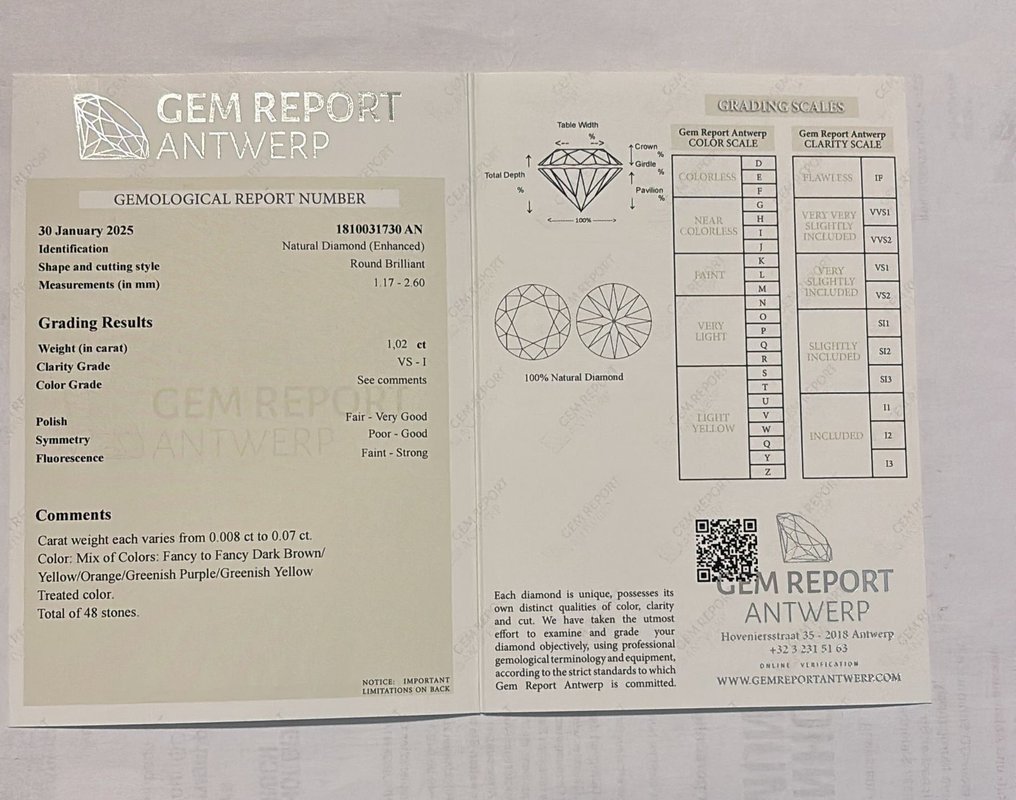 没有保留价 - 48 pcs 钻石  (经彩色处理)  - 1.02 ct - 圆形 - VS1 轻微内含一级, I1 内含一级 - 安特卫普宝石报告（GRA） #2.1