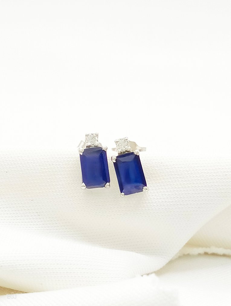 沒有保留價 - 耳環 - 14 克拉 白金 藍寶石 - 鉆石 #1.0