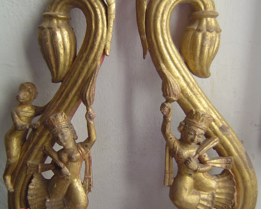 Apsaras pár majmokkal - 45 cm - Fa - India - XVIII-XIX #1.0
