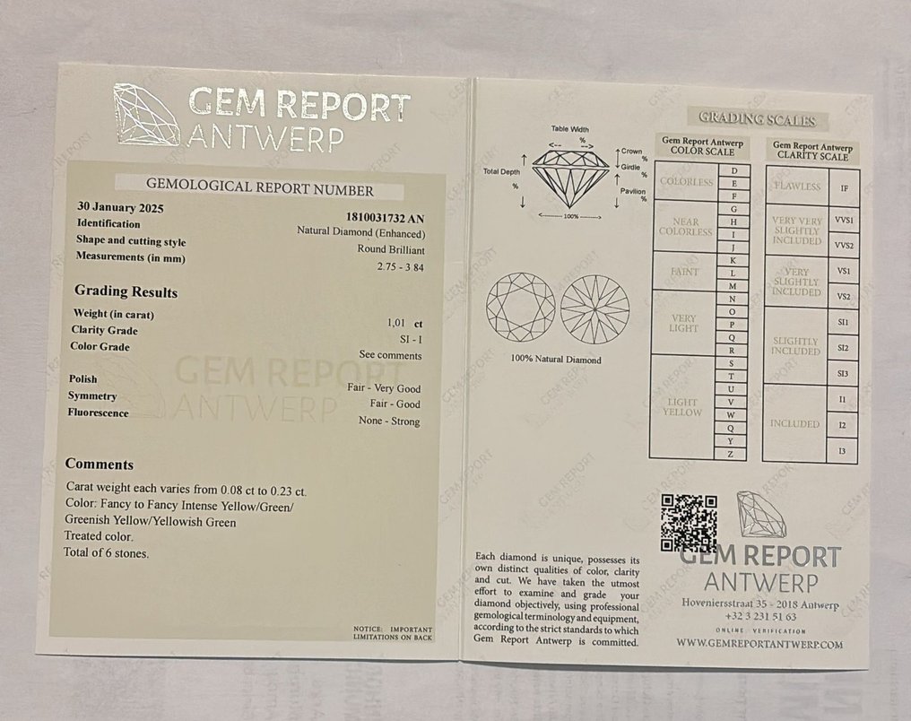 Ingen mindstepris - 6 pcs Diamant  (Farvebehandlet)  - 1.01 ct - Rund - SI1, I1 - Gem Report Antwerp (GRA) #2.1