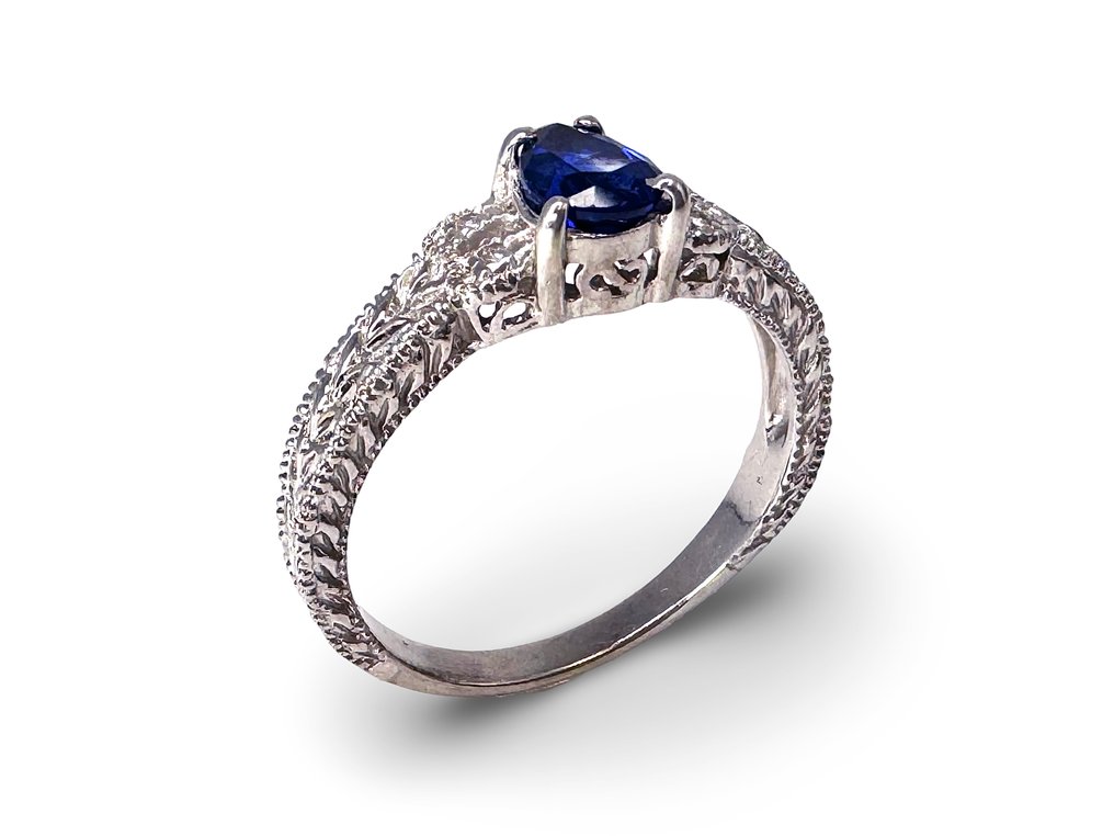 Δαχτυλίδι - 14 καράτια Λευκός χρυσός, Δαχτυλίδι από λευκόχρυσο 14K με διαμάντια και σάπφειρους. -  0.10ct. tw. Διαμάντι (Φυσικό)  #1.0