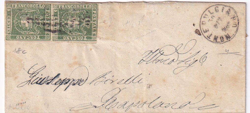 意大利古城邦-托斯卡纳 1861 - 1861 GP 托斯卡纳，来自莫尔特普尔查诺到拉波拉诺的信件，垂直合併5分 #1.0