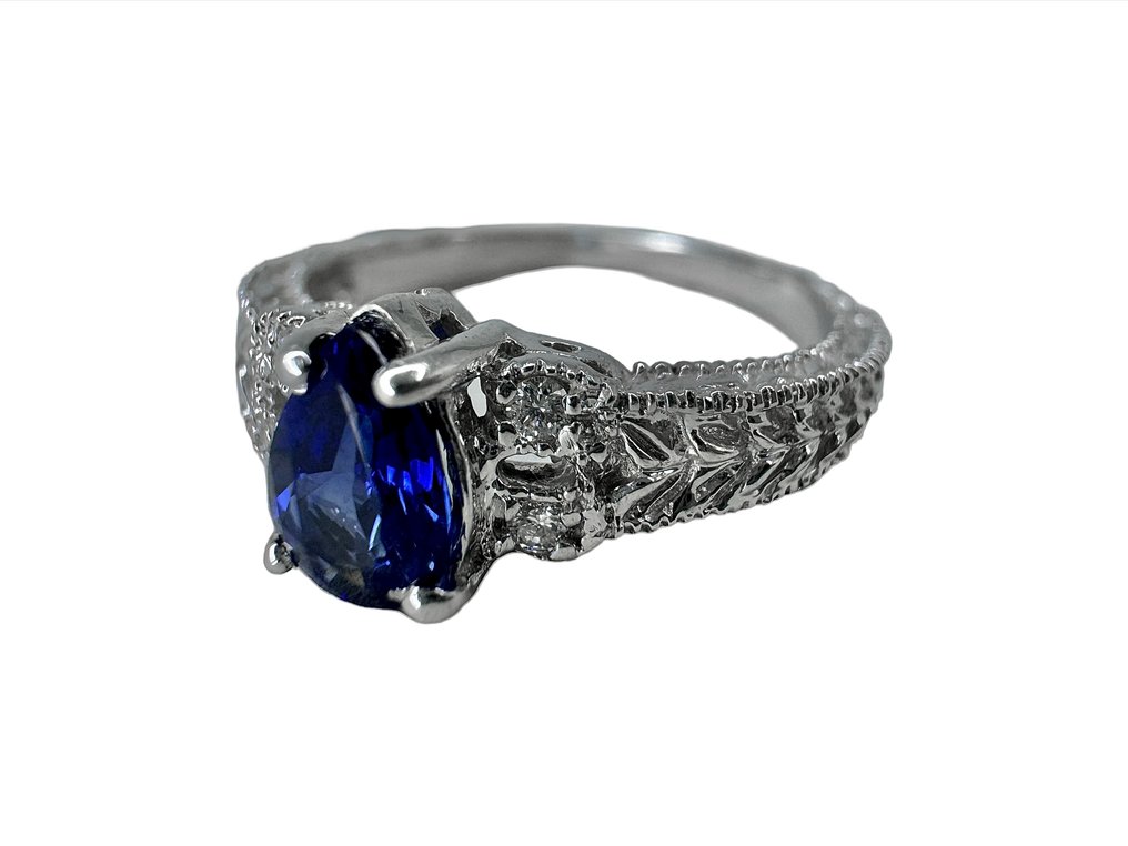 Δαχτυλίδι - 14 καράτια Λευκός χρυσός, Δαχτυλίδι από λευκόχρυσο 14K με διαμάντια και σάπφειρους. -  0.10ct. tw. Διαμάντι (Φυσικό)  #4.3