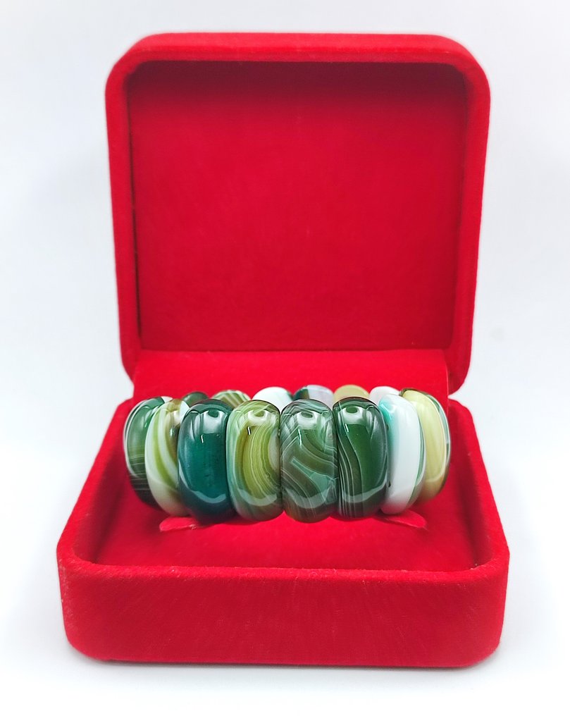 Όμορφο φυσικό πράσινο και λευκό βραχιόλι από ζέβρα/ταινιωτό χαλαζία σε δώρο κουτί, δωρεάν αποστολή - Βραχιόλι #1.0