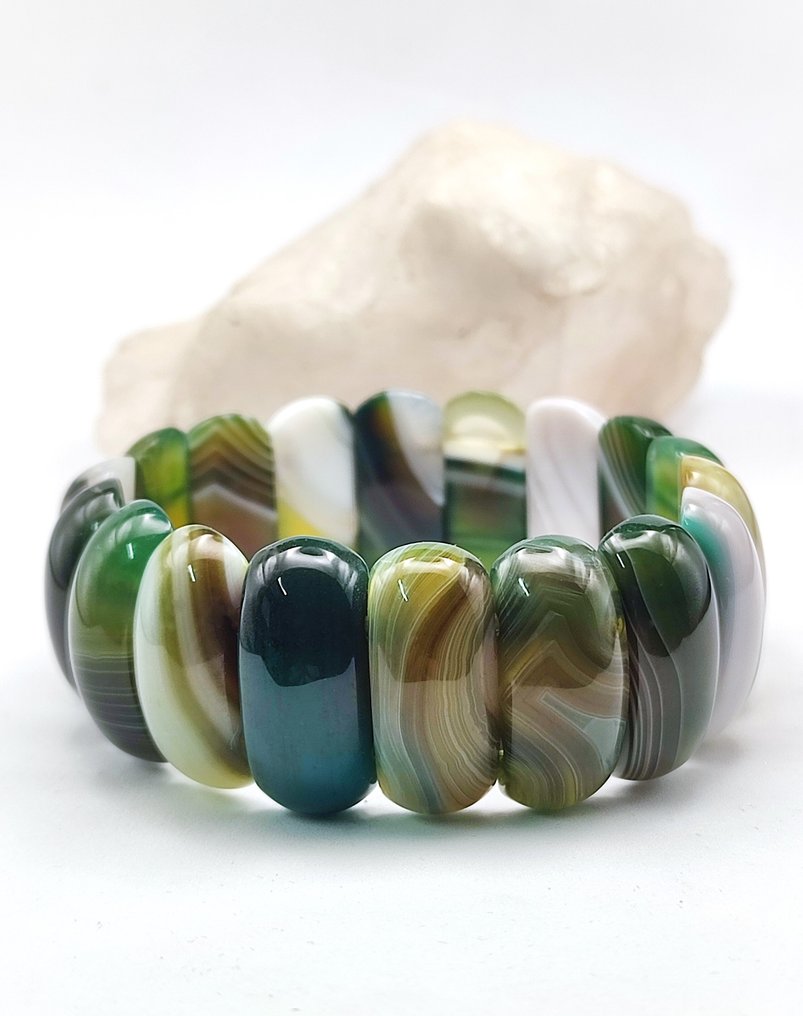 Όμορφο φυσικό πράσινο και λευκό βραχιόλι από ζέβρα/ταινιωτό χαλαζία σε δώρο κουτί, δωρεάν αποστολή - Βραχιόλι #1.0