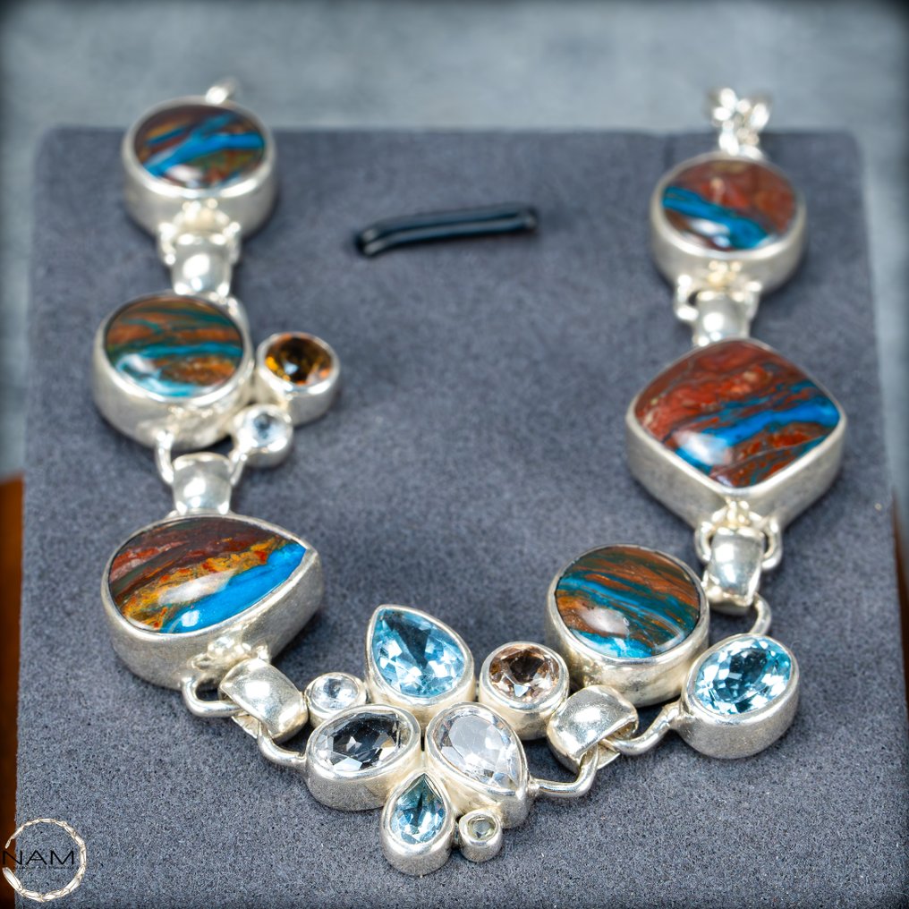 Exklusive Opal in Versteinertem Holz Armkette 925 Silber - 140ct- 28 g #1.0