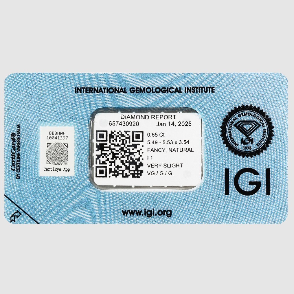 1 pcs Diamant  (Couleur naturelle)  - 0.65 ct - Rond - Fancy light Brunâtre Jaune - I1 - International Gemological Institute (IGI) - La fluorescence très faible #3.2