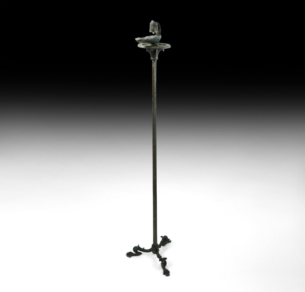 Ancient Roman Bronze Lamp with theatre mask and chandelier. 1st - 2nd century AD. Height 130.17 cm. #1.0