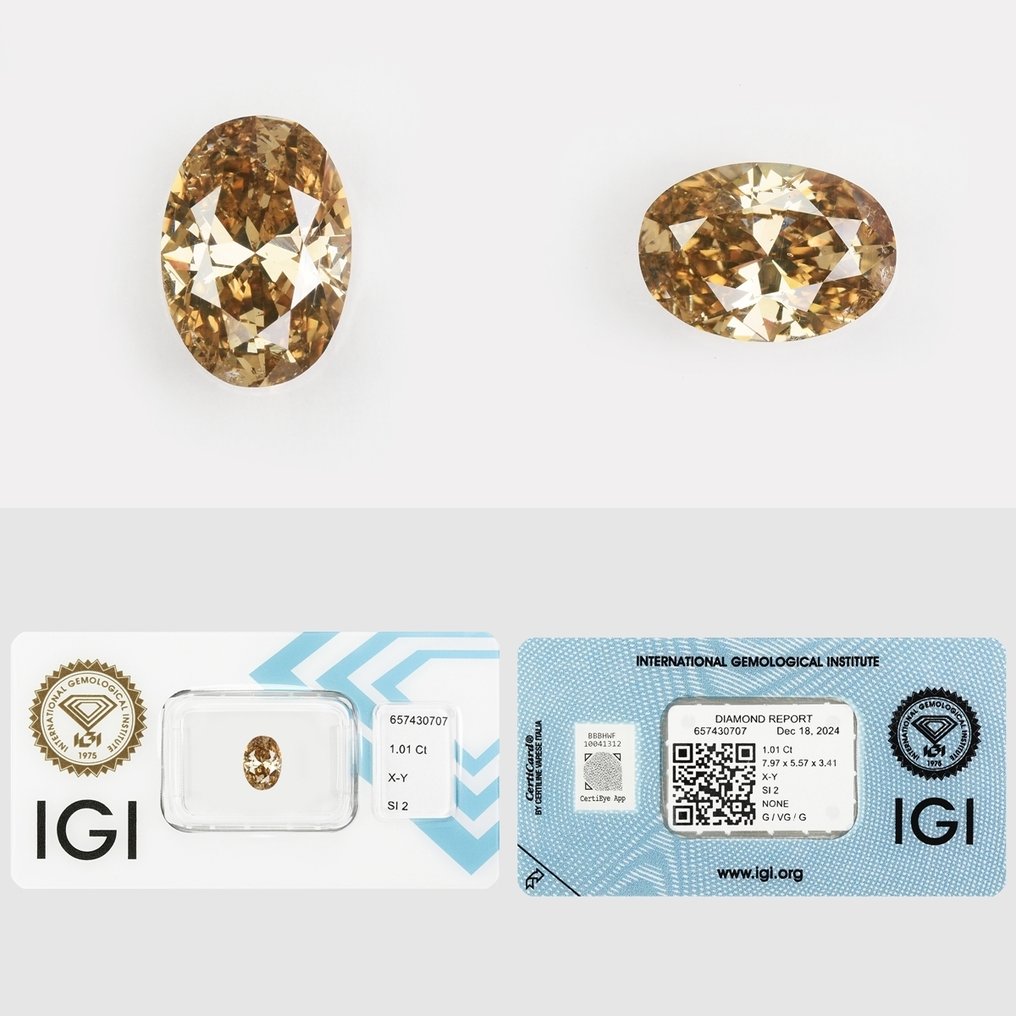 1 pcs 钻石 (天然色彩的) - 1.01 ct - 椭圆形 - Light 稍帶棕色的 黄色 - SI2 微内含二级 - 国际宝石研究院(IGI) #1.0
