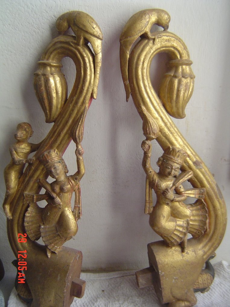 Apsaras pár majmokkal - 45 cm - Fa - India - XVIII-XIX #3.2