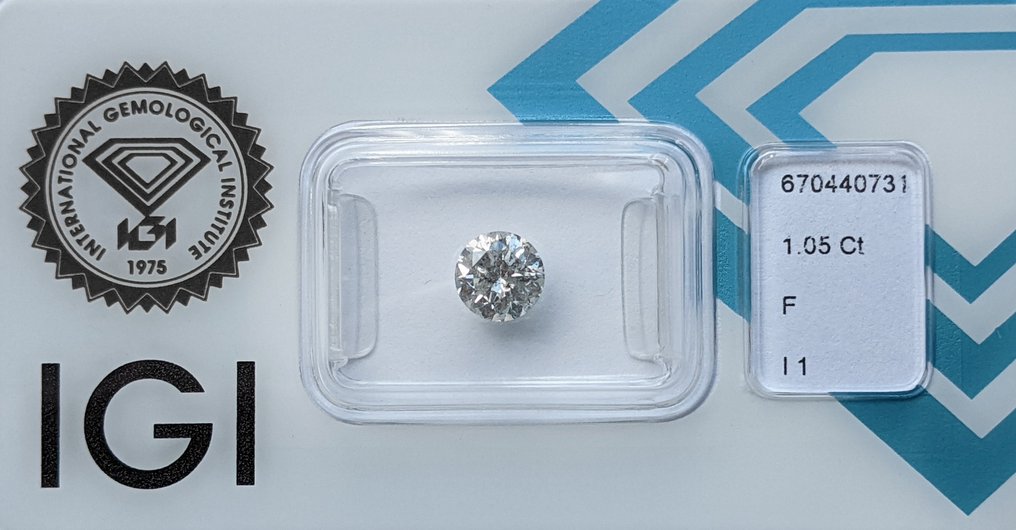 没有保留价 - 1 pcs 钻石  (天然)  - 1.05 ct - 圆形 - F - I1 内含一级 - 国际宝石研究院（IGI） #1.0
