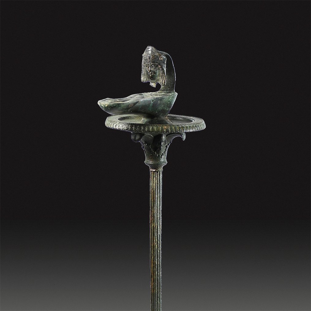 Ancient Roman Bronze Lamp with theatre mask and chandelier. 1st - 2nd century AD. Height 130.17 cm. #2.1