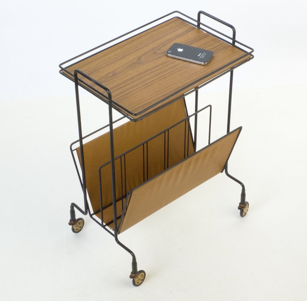 Side table - Wire Laminate Brass - - on wheels with magazine rack ...