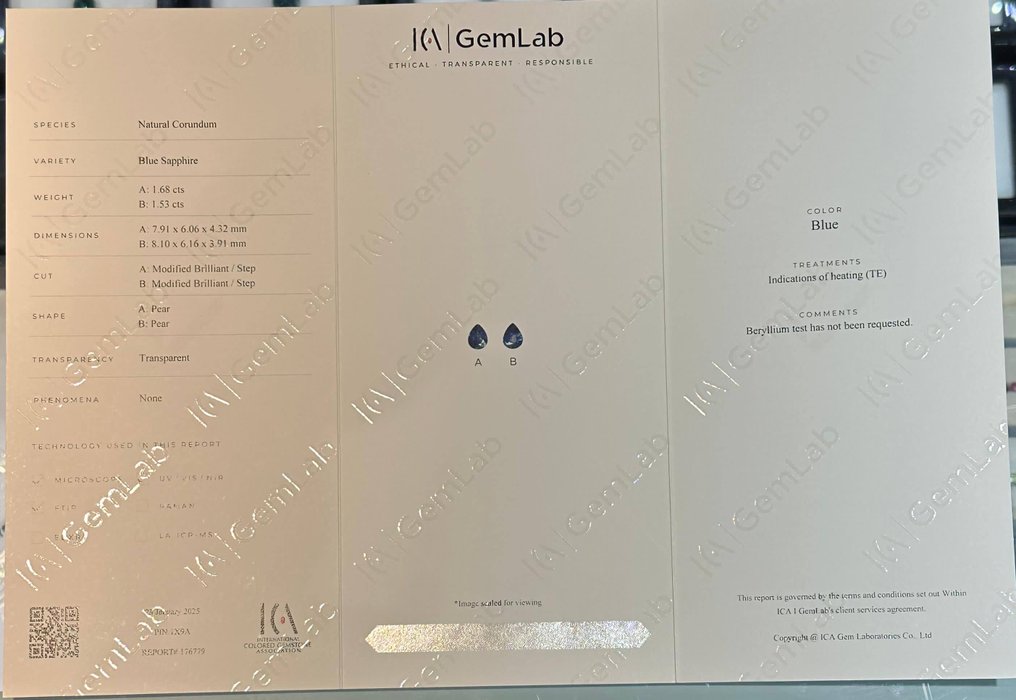 1 pcs  蓝色 蓝宝石  - 3.21 ct - 国际有色宝石协会（ICA GemLab） - 蓝宝石对 #2.1