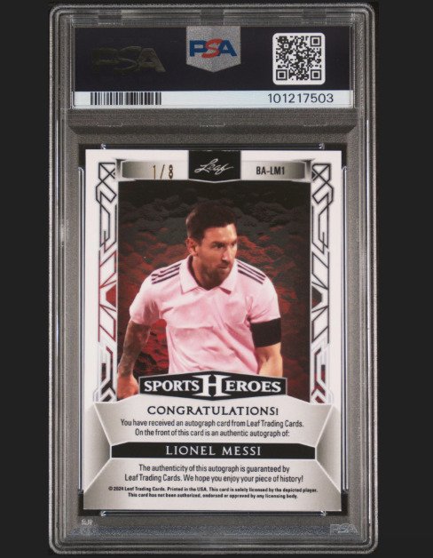 2024 Leaf Sports Heroes Lionel Messi #BALM1 - Autograph 1/8 Black Shimmer - PSA 8 Graded card #1.0