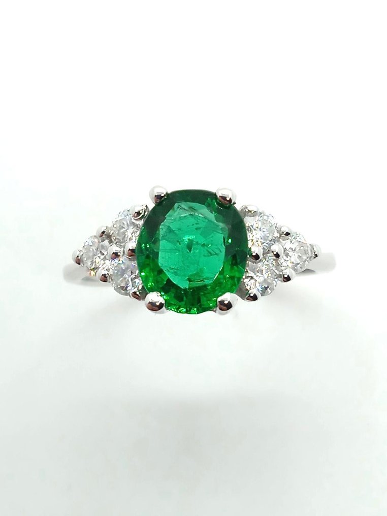 Zonder Minimumprijs - Ring - 18 karaat Witgoud Smaragd - Diamant #1.0