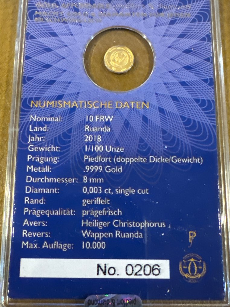 Rwanda. 10 Frw 2018  Heiliger Christopherus  mit Diamant 1/100 Oz (.999)  (Ingen mindstepris) #2.1