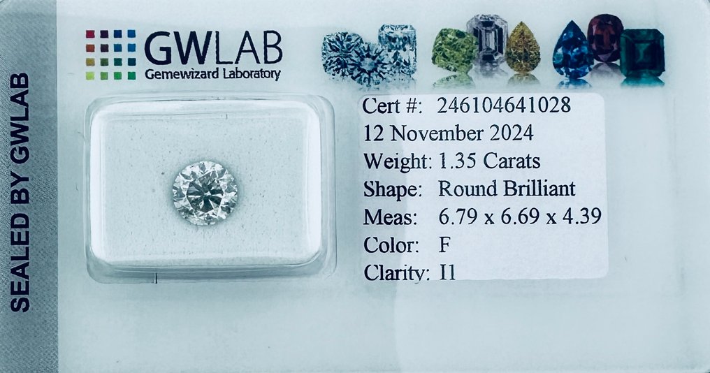 1 pcs Diamond  (Natural)  - 1.35 ct - Round - F - I1 - Gemewizard Gemological Laboratory (GWLab) - ( NATURAL ) #2.1
