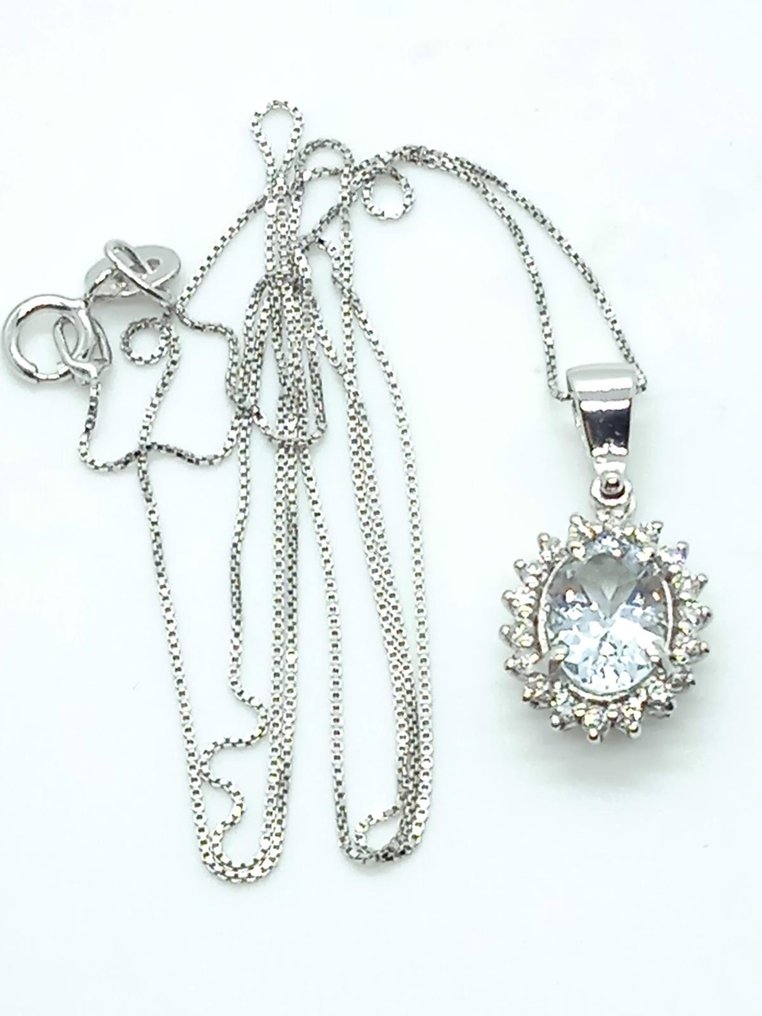 没有保留价 - 吊坠 - 18K包金 白金 海蓝宝石 - 钻石 #3.2