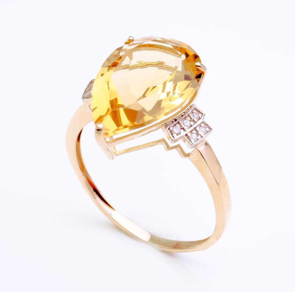 Zonder minimumprijs - Ring - 14 karaat Geel goud Citrien - Diamant #1.0