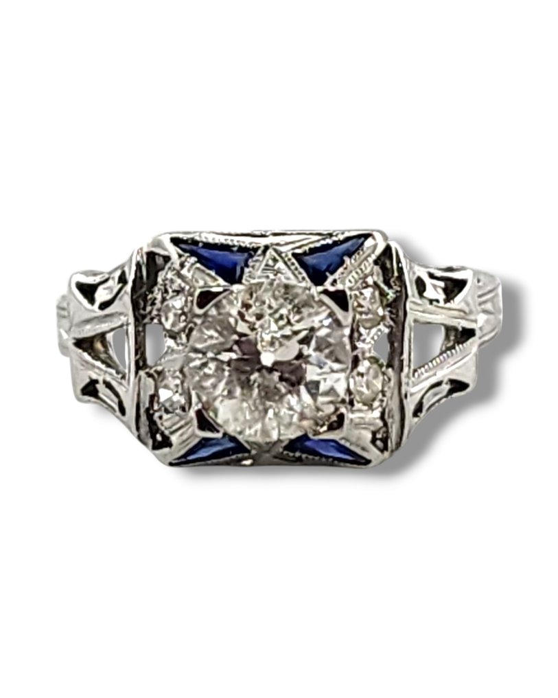 戒指 - 18 克拉 白金, Art Deco 18K白金戒指，镶嵌大型中心钻石1.0克拉 鉆石 (天然)  - 鉆石 #1.0