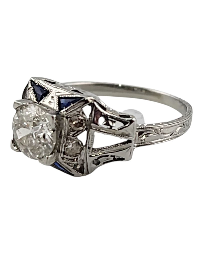 戒指 - 18 克拉 白金, Art Deco 18K白金戒指，镶嵌大型中心钻石1.0克拉 鉆石 (天然)  - 鉆石 #2.1