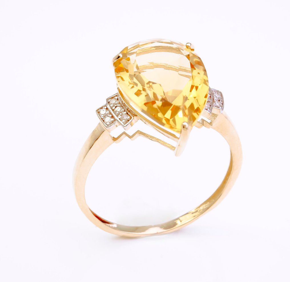 Zonder minimumprijs - Ring - 14 karaat Geel goud Citrien - Diamant #4.3
