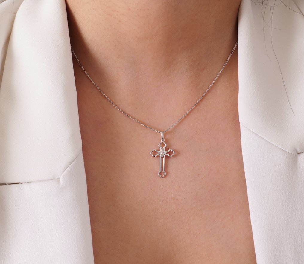 χωρίς τιμή ασφαλείας - Κρεμαστό σταυρός - 14 καράτια Λευκός χρυσός -  0.11ct. tw. Διαμάντι (Φυσικό) - Θρησκευτικό μενταγιόν #4.3