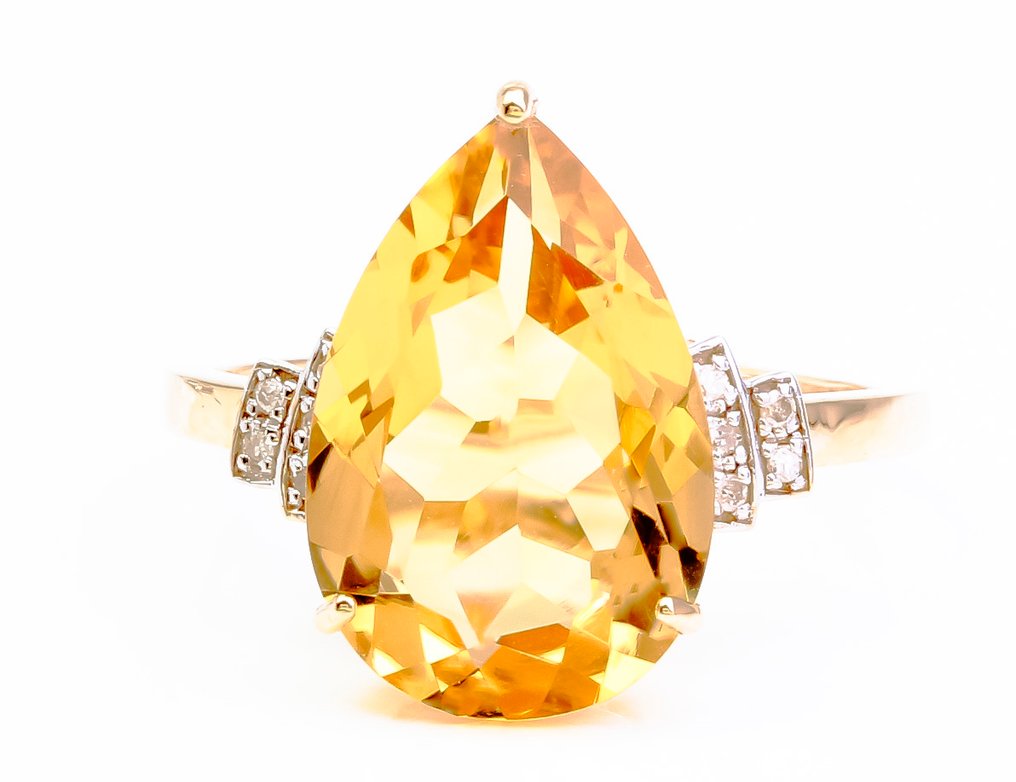 Zonder minimumprijs - Ring - 14 karaat Geel goud Citrien - Diamant #2.1