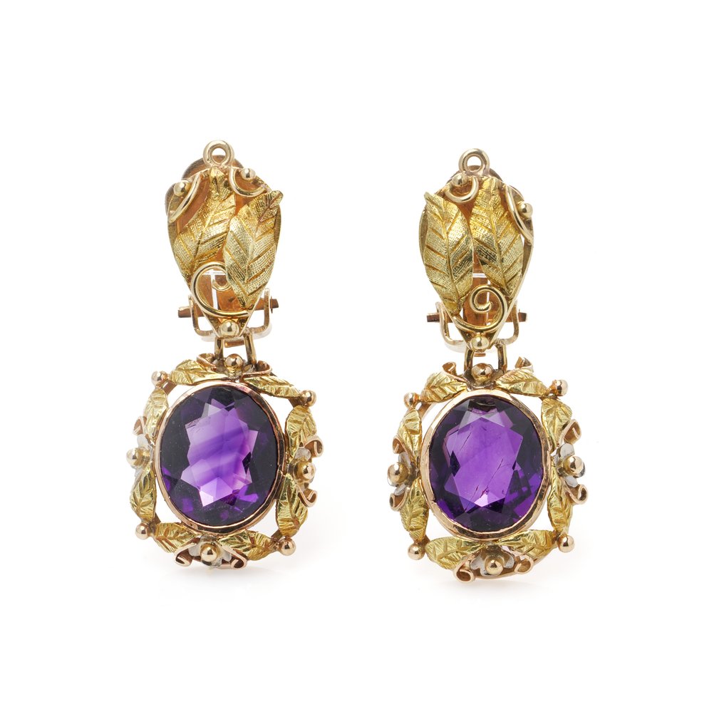 耳环 古董18K金紫水晶夹式耳环 #1.0