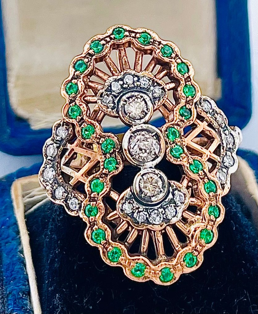 没有保留价 - 戒指 - 9 kt. 玫瑰金, 银 钻石 (天然)  - 祖母绿 #2.1