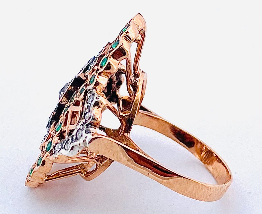 没有保留价 - 戒指 - 9 kt. 玫瑰金, 银 钻石 (天然)  - 祖母绿 #4.3