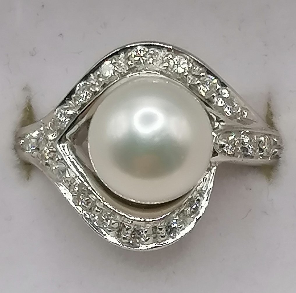 戒指 - 14K包金 白金 -  0.30ct. tw. 珍珠 - 钻石 #1.0