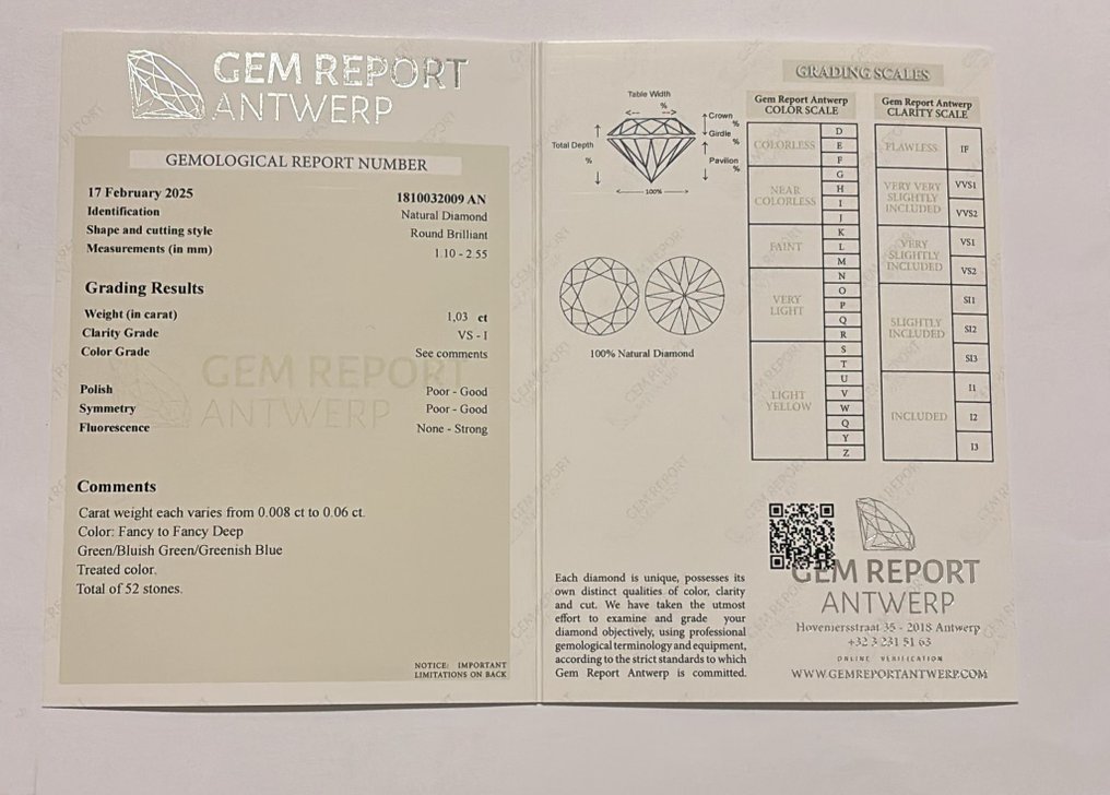 沒有保留價 - 52 pcs 鑽石  (經顏色處理)  - 1.03 ct - 圓形 - VS1, I1 - Gem Report Antwerp (GRA) #2.1
